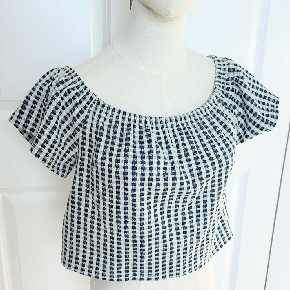 Zara Trafaluc Navy and White Plaid Crop Top